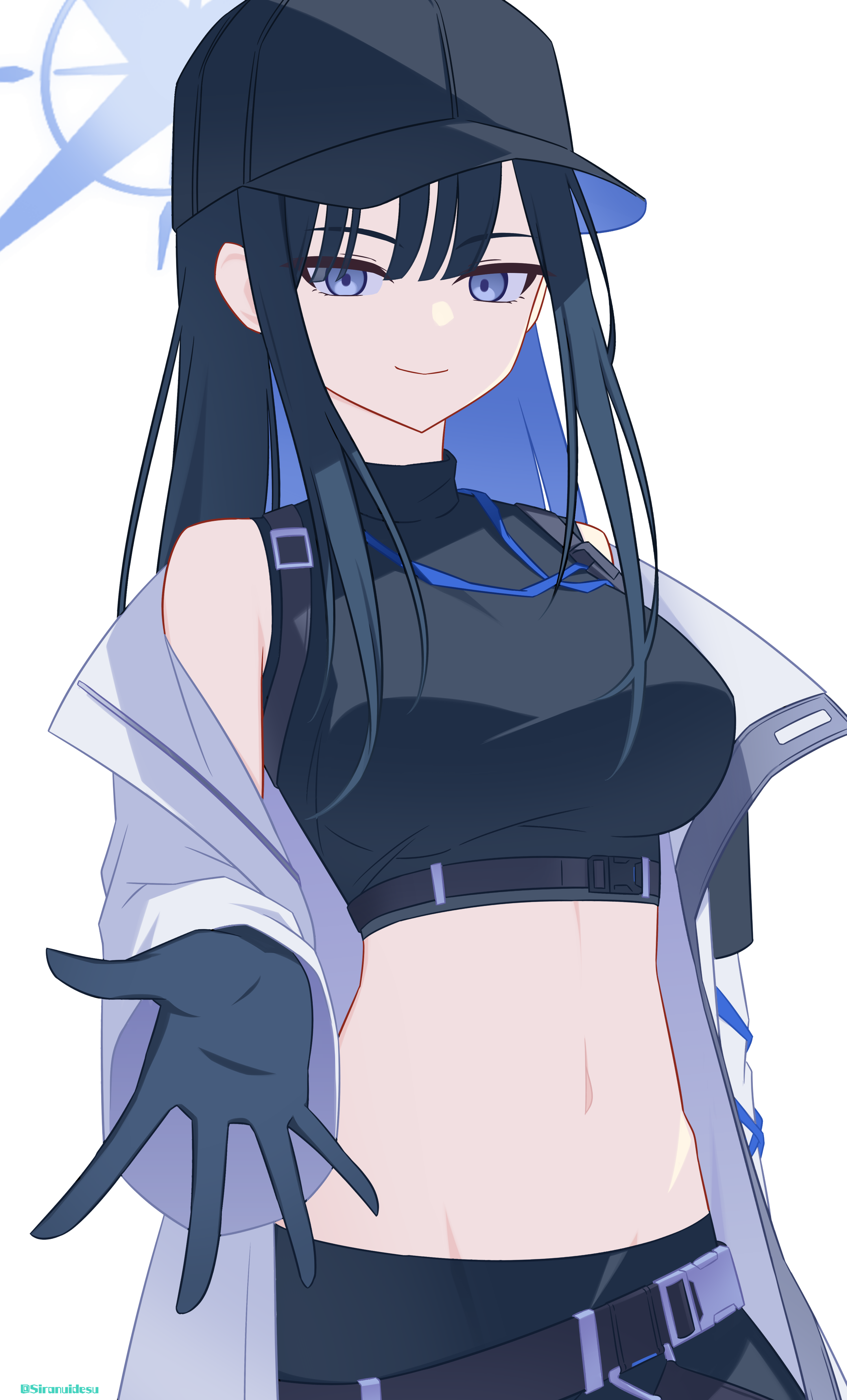 siranui desu, saori (blue archive), blue archive, absurdres, commentary, highres, 1girl, bare shoulders, baseball cap, belt, black belt, black hair, black hat, black pants, black shirt, blue eyes, blue hair, blue halo, blunt bangs, breasts, buckle, chest harness, closed mouth, coat, colored inner hair, cowboy shot, crop top, gloves, groin, hair between eyes, halo, harness, hat, large breasts, long hair, looking at viewer, midriff, multicolored hair, navel, no mask, off shoulder, pants, reaching, reaching towards viewer, shirt, sidelocks, simple background, sleeveless, sleeveless shirt, smile, snap-fit buckle, solo, standing, twitter username, white background, white coat