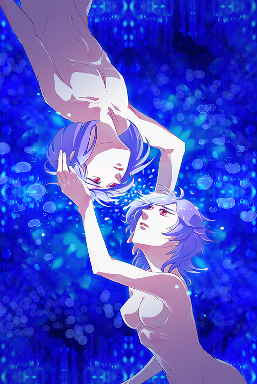 qujo, regene regetta, tieria erde, gundam, gundam 00, bad id, bad pixiv id, 00s, 1boy, 1girl, breasts, genderswap, genderswap (mtf), medium breasts, nude, purple hair, red eyes, small breasts