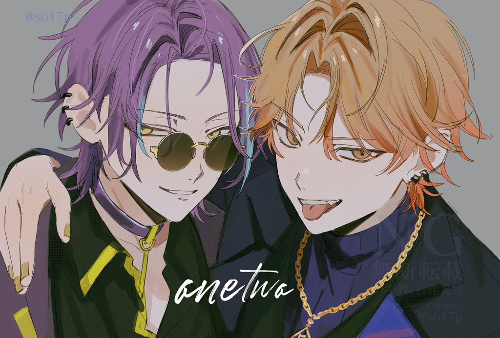 sorase (so17p), kamishiro rui, tenma tsukasa, project sekai, commentary, 2boys, bespectacled, blue hair, collared shirt, deep dark for light (project sekai), ear piercing, english text, fingernails, glasses, gold necklace, grey background, jewelry, lapels, looking at viewer, male focus, multicolored hair, multiple boys, necklace, notched lapels, official alternate costume, official alternate hairstyle, open mouth, orange eyes, orange hair, parted hair, piercing, purple hair, shirt, simple background, streaked hair, teeth, tongue, tongue out, twitter username, two-tone hair, upper body, upper teeth only, watermark, yellow eyes, yellow nails