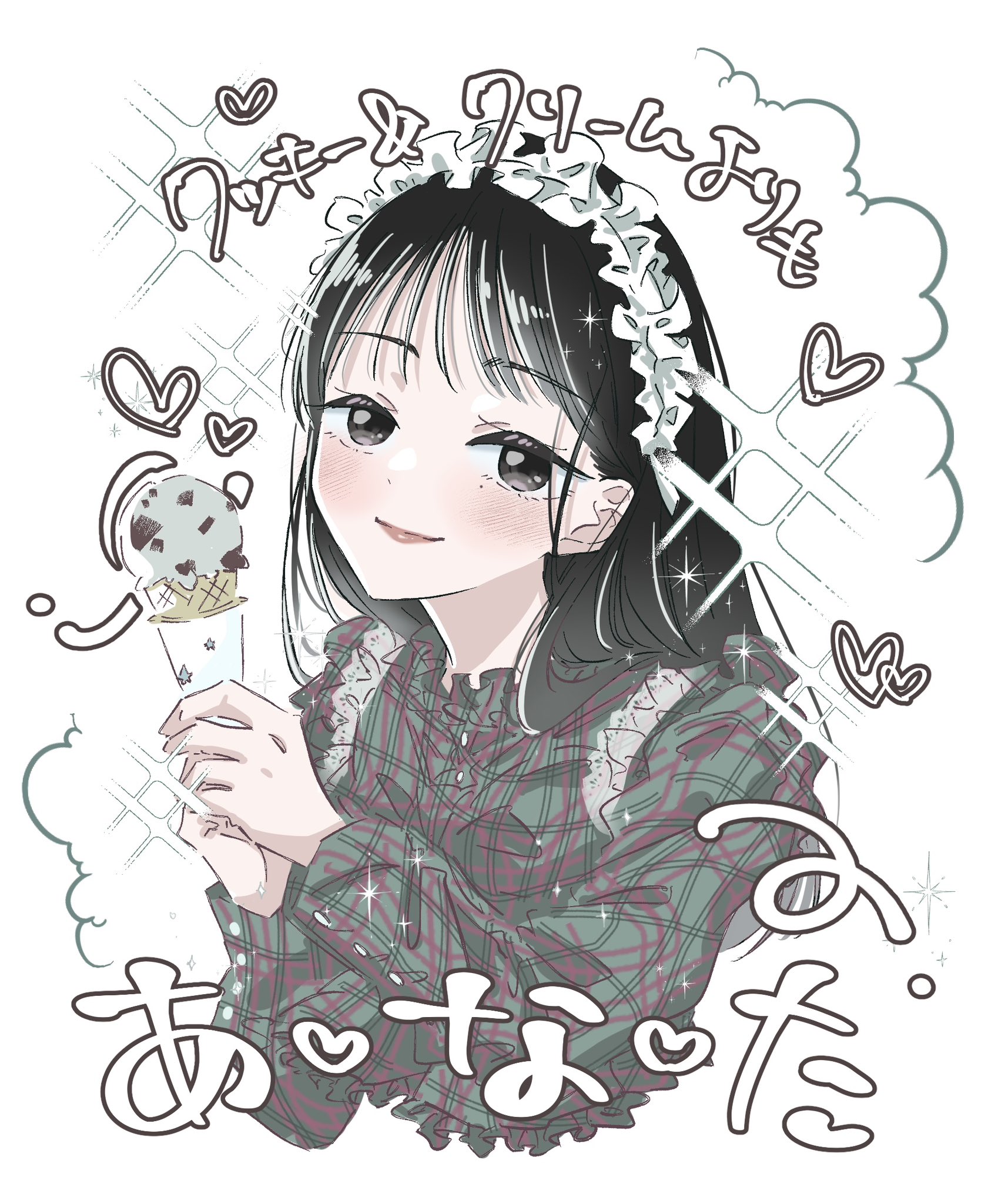 love live!, love live! superstar!!, real life, commentary, highres, 1girl, ai scream! (love live!), black eyes, black hair, closed mouth, food, hands up, heart, holding, holding ice cream cone, ice cream, ice cream cone, lipstick, long hair, looking at viewer, maid headdress, makeup, ookuma wakana, solo, toto (ke ke99), upper body, voice actor, white background