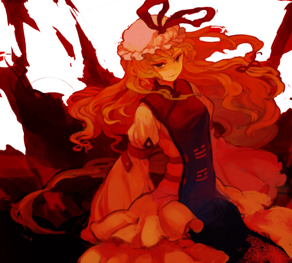 iwamoto zerogo, yakumo yukari, touhou, 1girl, bonnet, bow, dress, female focus, hat, long hair, mob cap, monochrome, red theme, solo, tabard, trigram, wavy hair