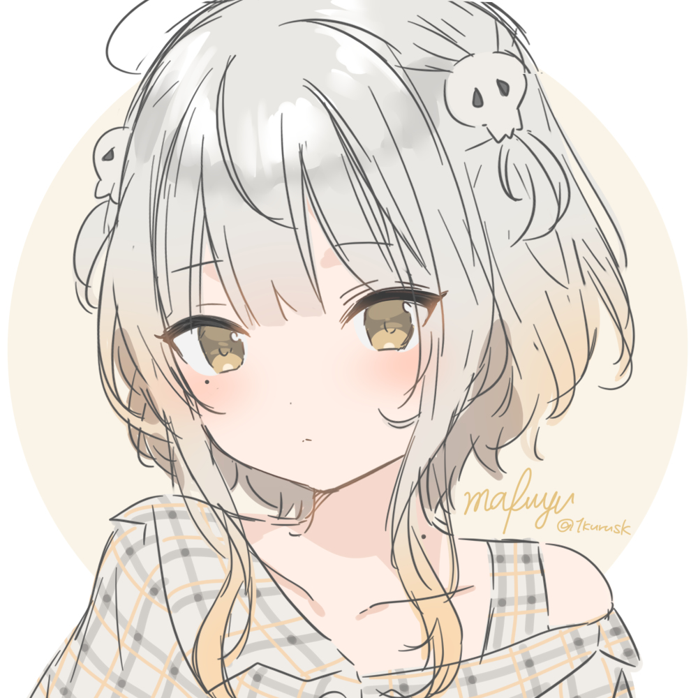 mafuyu (chibi21), original, bad id, bad pixiv id, 1girl, blonde hair, blush, collarbone, mole, mole on neck, mole under eye, off shoulder, signature, simple background, solo, white background