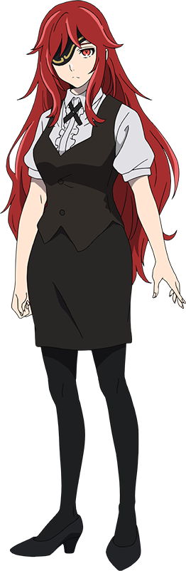 tanino miho, tower of god, official art, 1girl, anime coloring, black pantyhose, black shoes, black skirt, breasts, clenched hand, collared shirt, eyepatch, full body, high heels, hwaryun (tower of god), large breasts, long hair, long sidelocks, looking at viewer, open hand, outstretched arm, pantyhose, pencil skirt, puffy short sleeves, puffy sleeves, red eyes, red hair, shirt, shoes, short sleeves, sidelocks, simple background, skirt, solo, standing, tachi-e, transparent background, very long hair, white shirt