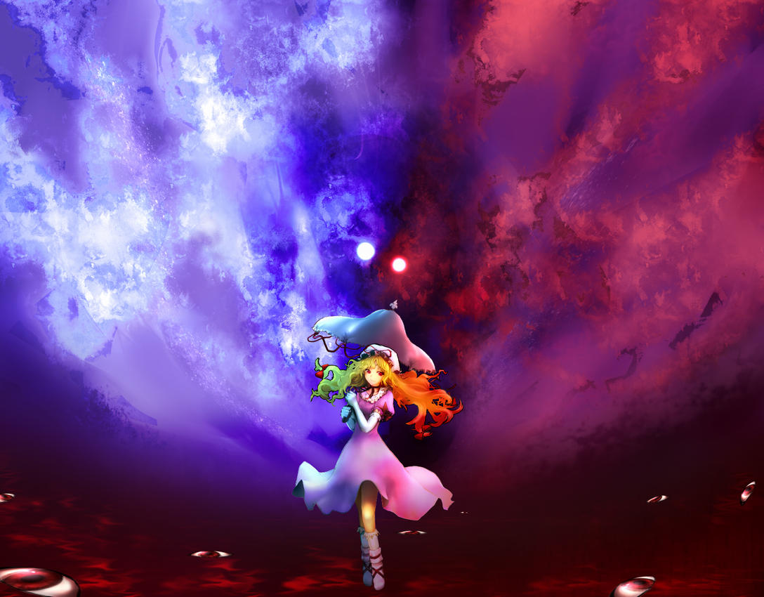 chirigami-san, yakumo yukari, touhou, bad id, bad pixiv id, 1girl, blonde hair, female focus, gap (touhou), gradient background, hat, solo, umbrella