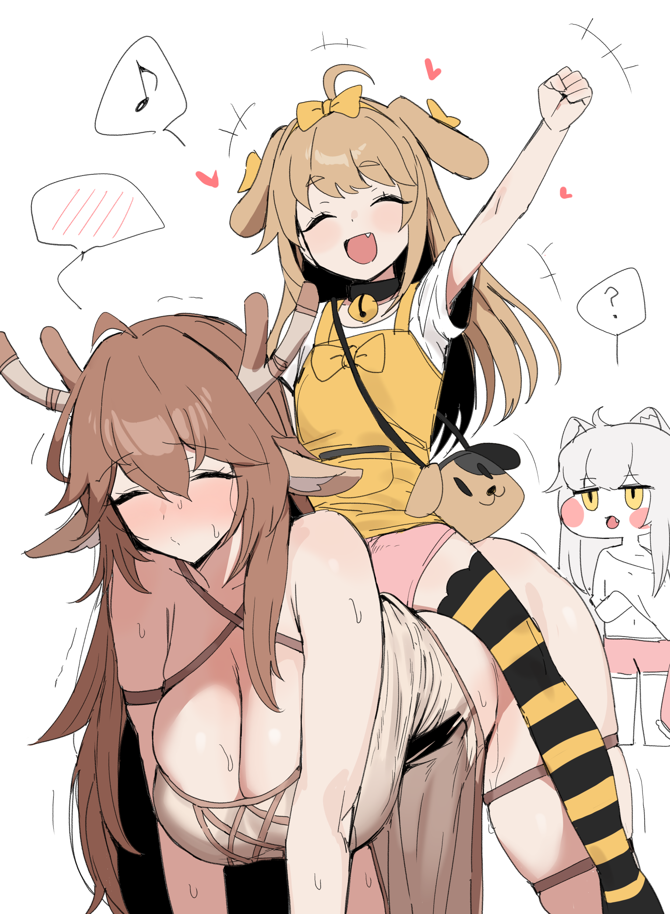 xipa, trickcal, absurdres, character request, highres, 3girls, :d, ^ ^, arm up, breasts, brown hair, cleavage, clenched hand, closed eyes, fang, large breasts, long hair, multiple girls, musical note, open mouth, simple background, smile, spoken blush, spoken musical note, sweat, white background