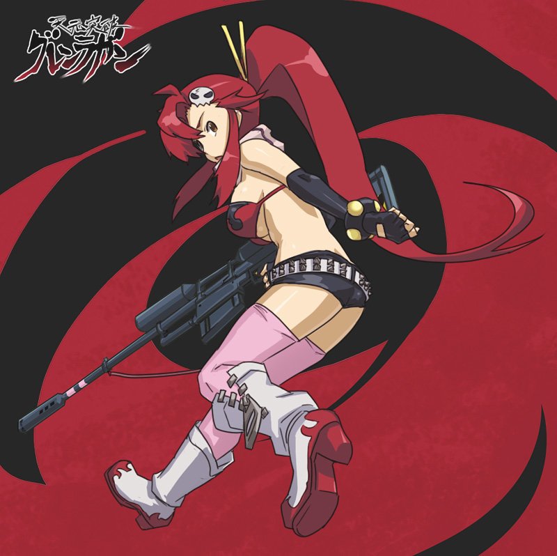 usatarou, yoko littner, tengen toppa gurren lagann, 00s, back, bikini, bikini top only, boots, gun, long hair, looking back, ponytail, red hair, rifle, short shorts, shorts, solo, swimsuit, thighhighs, weapon