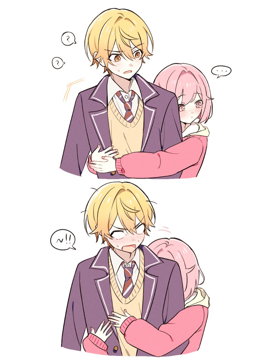 ppako, ootori emu, tenma tsukasa, project sekai, commentary, highres, symbol-only commentary, !, !!, …, 1boy, 1girl, ?, blazer, blonde hair, blush, collared shirt, diagonal-striped clothes, diagonal-striped necktie, fingernails, hug, hug from behind, jacket, kamiyama high school uniform (project sekai), lapels, long sleeves, necktie, notched lapels, notice lines, open clothes, open jacket, open mouth, orange hair, pink eyes, pink hair, school uniform, shirt, short hair, simple background, spoken ellipsis, spoken question mark, striped clothes, upper body, white background