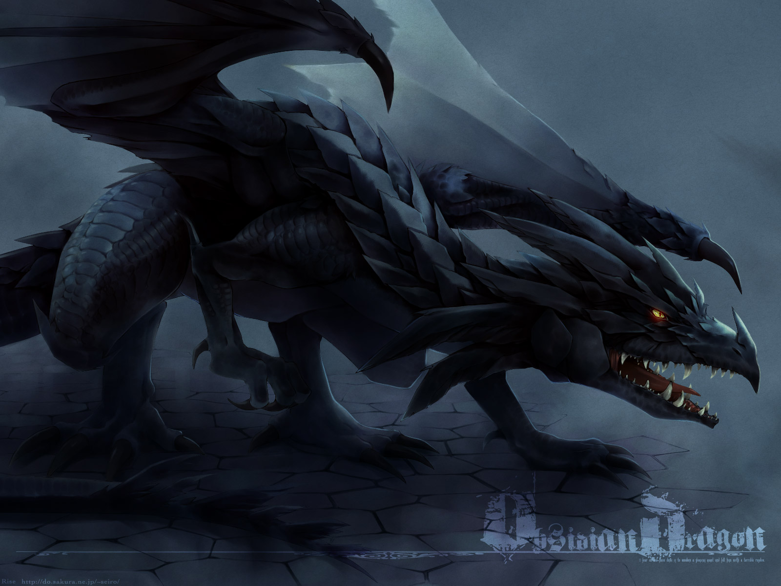 touto seiro, highres, all fours, black dragon, claws, dragon, fangs, glowing, glowing eyes, horns, orange eyes, scales, spikes, tail, teeth, wings