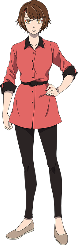 tanino miho, endorsi jahad, tower of god, official art, 1girl, anime coloring, belt, black belt, black pants, bob cut, breasts, brown eyes, brown hair, clenched hands, closed mouth, collarbone, collared jacket, eyeliner, flats, full body, grey shoes, hair ornament, hairclip, hand on own hip, jacket, long sleeves, looking at viewer, makeup, medium breasts, pants, pink jacket, red eyeliner, shoes, short hair, simple background, sleeves rolled up, smile, solo, standing, tachi-e, transparent background