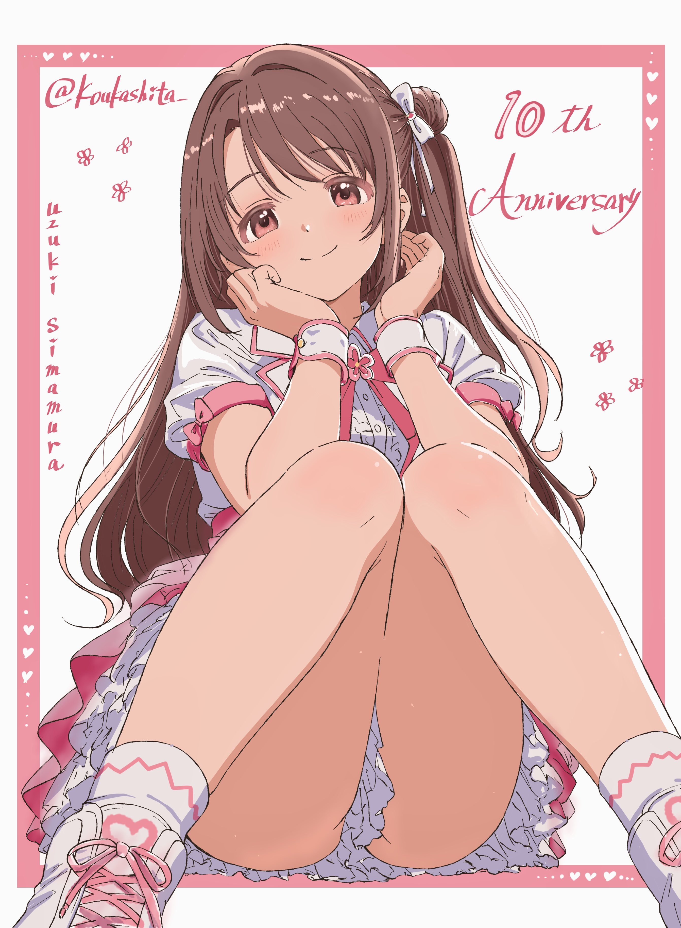 koukashita, shimamura uzuki, idolmaster, idolmaster cinderella girls, absurdres, highres, 1girl, anniversary, bare legs, border, bow, brown hair, character name, dress, english text, frilled dress, frills, hair bow, hair bun, hand on own cheek, hand on own face, hands up, knees together feet apart, light blush, long hair, looking at viewer, pink border, pink bow, pink dress, pink eyes, shoes, short dress, short sleeves, side ponytail, sitting, smile, socks, solo, straight hair, twitter username, two-tone dress, white background, white bow, white dress, white shoes, white socks, white wrist cuffs, wrist cuffs