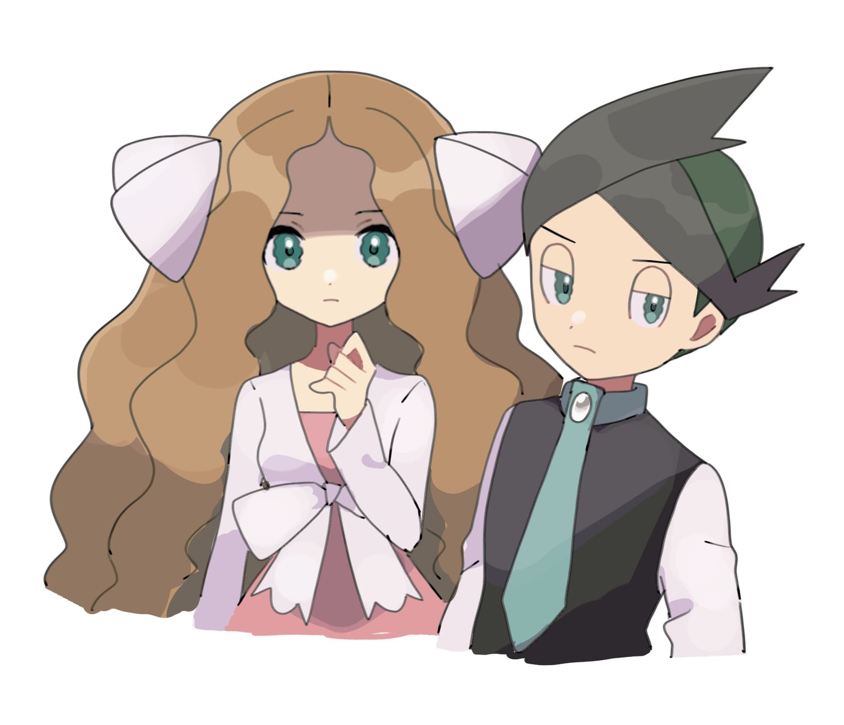 eneko (olavcnkrpucl16a), caitlin (pokemon), thorton (pokemon), nintendo, pokemon, pokemon dppt, pokemon platinum, highres, 1boy, 1girl, black hair, black vest, brown hair, closed mouth, dress, green eyes, green hair, hair ribbon, long sleeves, looking at viewer, necktie, pink dress, ribbon, shirt, short hair, two side up, very short hair, vest, white background, white shirt