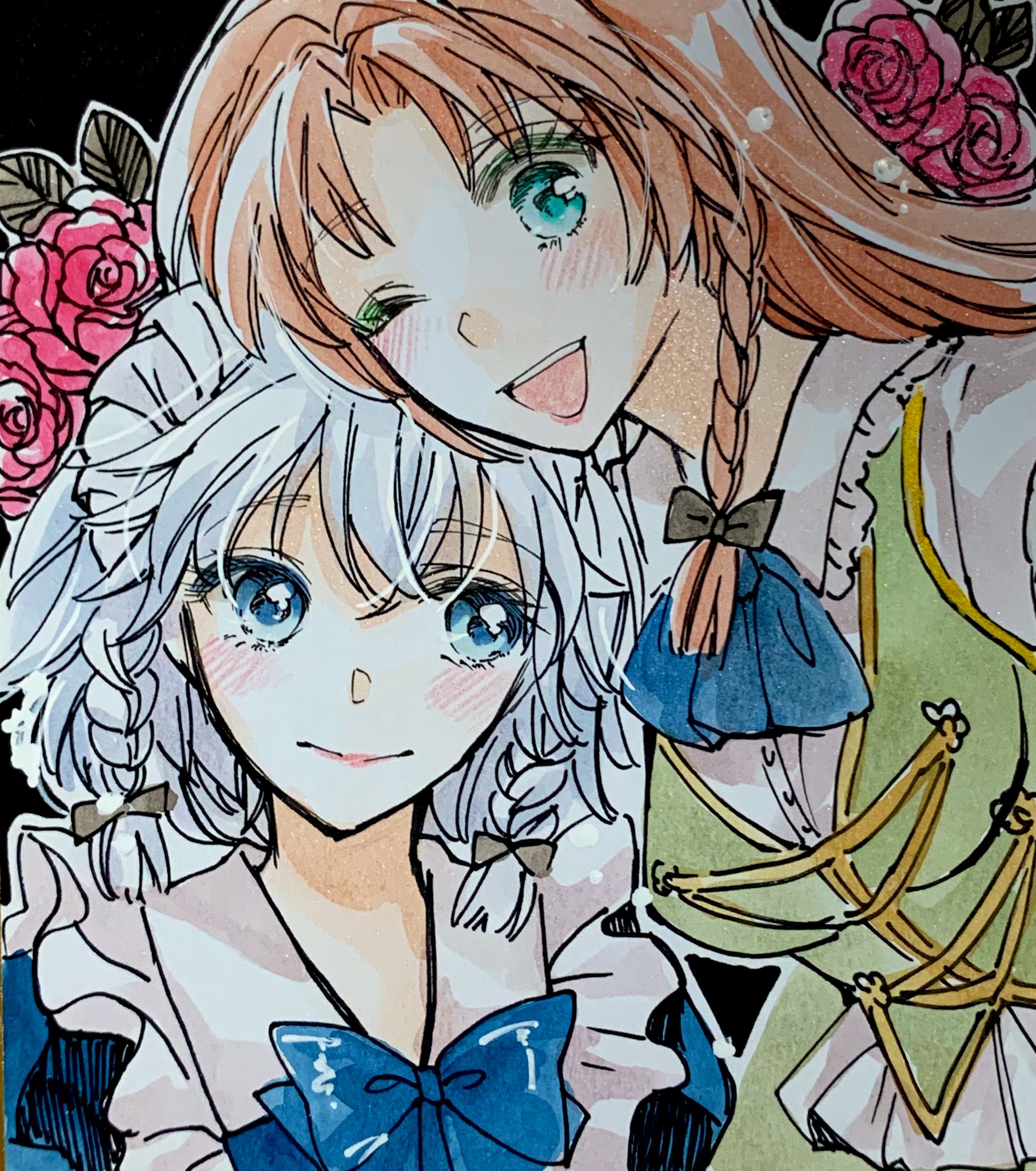 akaioringo2023, hong meiling, izayoi sakuya, touhou, highres, painting (medium), traditional media, watercolor (medium), 2girls, ascot, blue ascot, blue bow, blue bowtie, blue eyes, bow, bowtie, braid, flower, looking at another, multiple girls, red flower, red hair, red rose, rose, side-by-side, side braid, twin braids, white hair