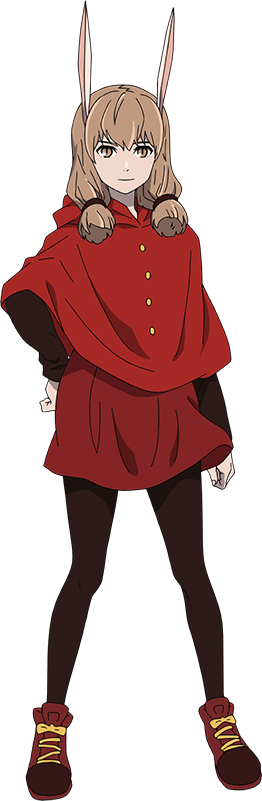 tanino miho, tower of god, official art, 1girl, animal ears, anime coloring, breasts, brown eyes, brown hair, brown pantyhose, brown shirt, capelet, closed mouth, full body, hair between eyes, hand on own hip, hood, hood down, hooded capelet, long hair, long sleeves, looking at viewer, low-tied long hair, low twintails, pantyhose, rabbit ears, red capelet, red hood, red shoes, red skirt, shirt, shoes, simple background, skirt, smile, solo, standing, tachi-e, transparent background, twintails, xiaxia (tower of god)