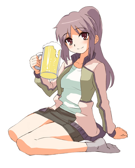oryo (oryo04), original, alcohol, beer, brown eyes, froth, ponytail, purple hair, socks