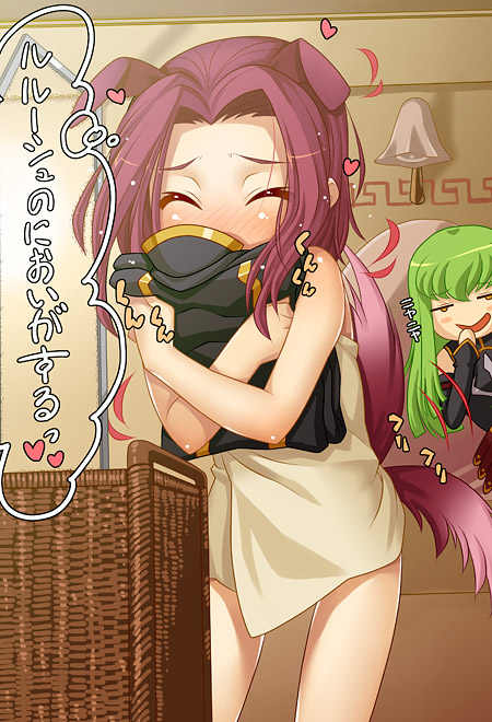 kink (tortoiseshell), c.c., kouzuki kallen, code geass, translated, 00s, 2girls, animal ears, borrowed clothes, dog ears, dog girl, green hair, indoors, multiple girls, red hair, smelling, smelling clothes, standing, tail, tail wagging, towel