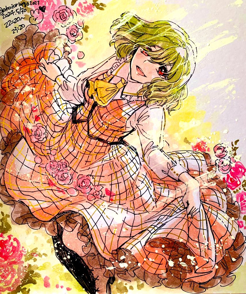 akaioringo2023, kazami yuuka, touhou, 1girl, ascot, collared shirt, dress, flower, green hair, looking at viewer, medium hair, pink flower, pink rose, red dress, red eyes, rose, shirt, solo, white shirt, yellow ascot