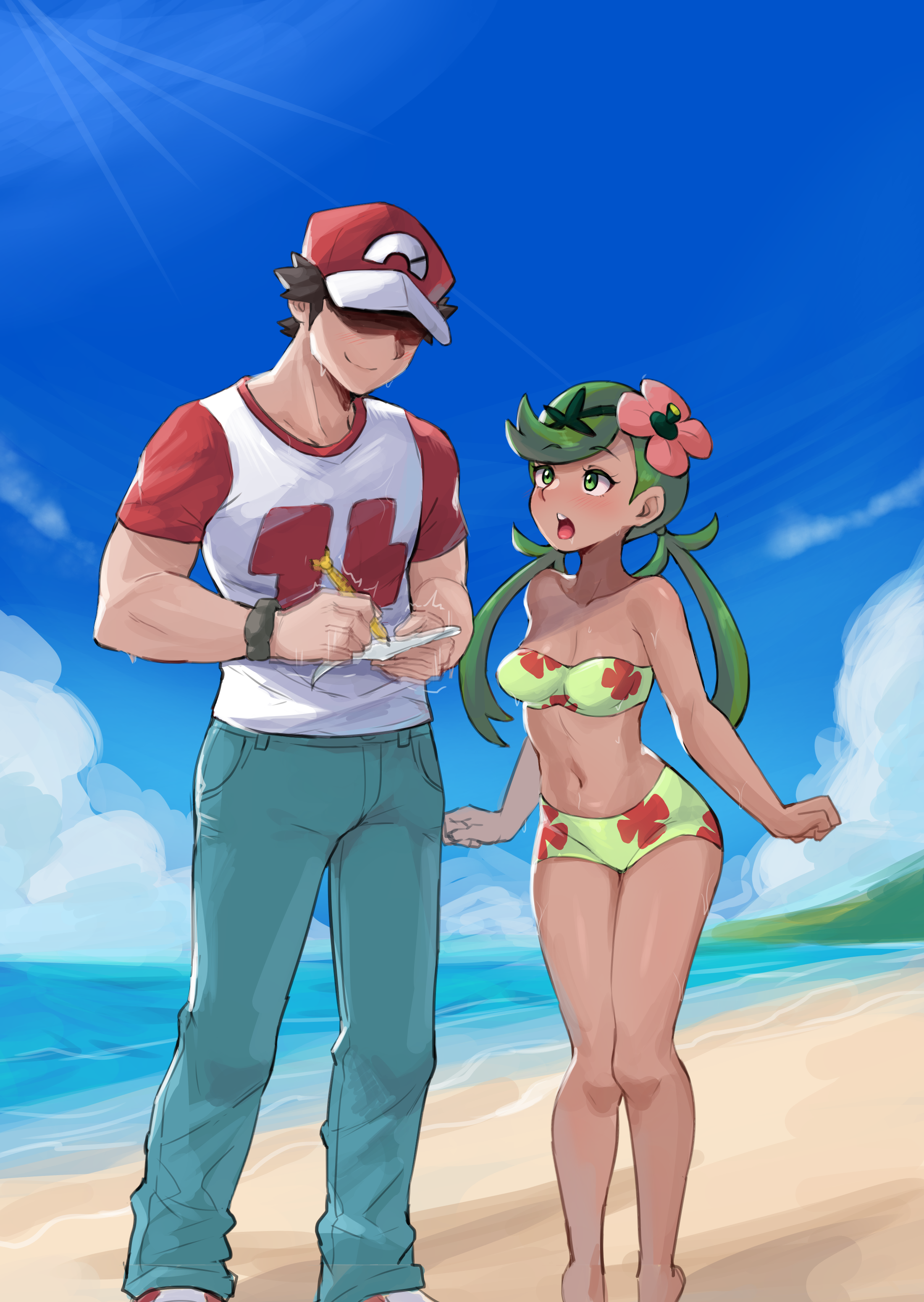 artsheops, mallow (pokemon), pikachu, red (pokemon), nintendo, pokemon, pokemon (anime), pokemon sm, pokemon sm (anime), absurdres, highres, 1boy, 1girl, :o, beach, blue sky, blush, bracelet, brown hair, clenched hands, cloud, day, denim, faceless, faceless male, gen 1 pokemon, green eyes, green hair, hat, height difference, jeans, jewelry, looking at another, open mouth, outdoors, pants, pen, sand, shirt, sky, swimsuit, twitching, writing