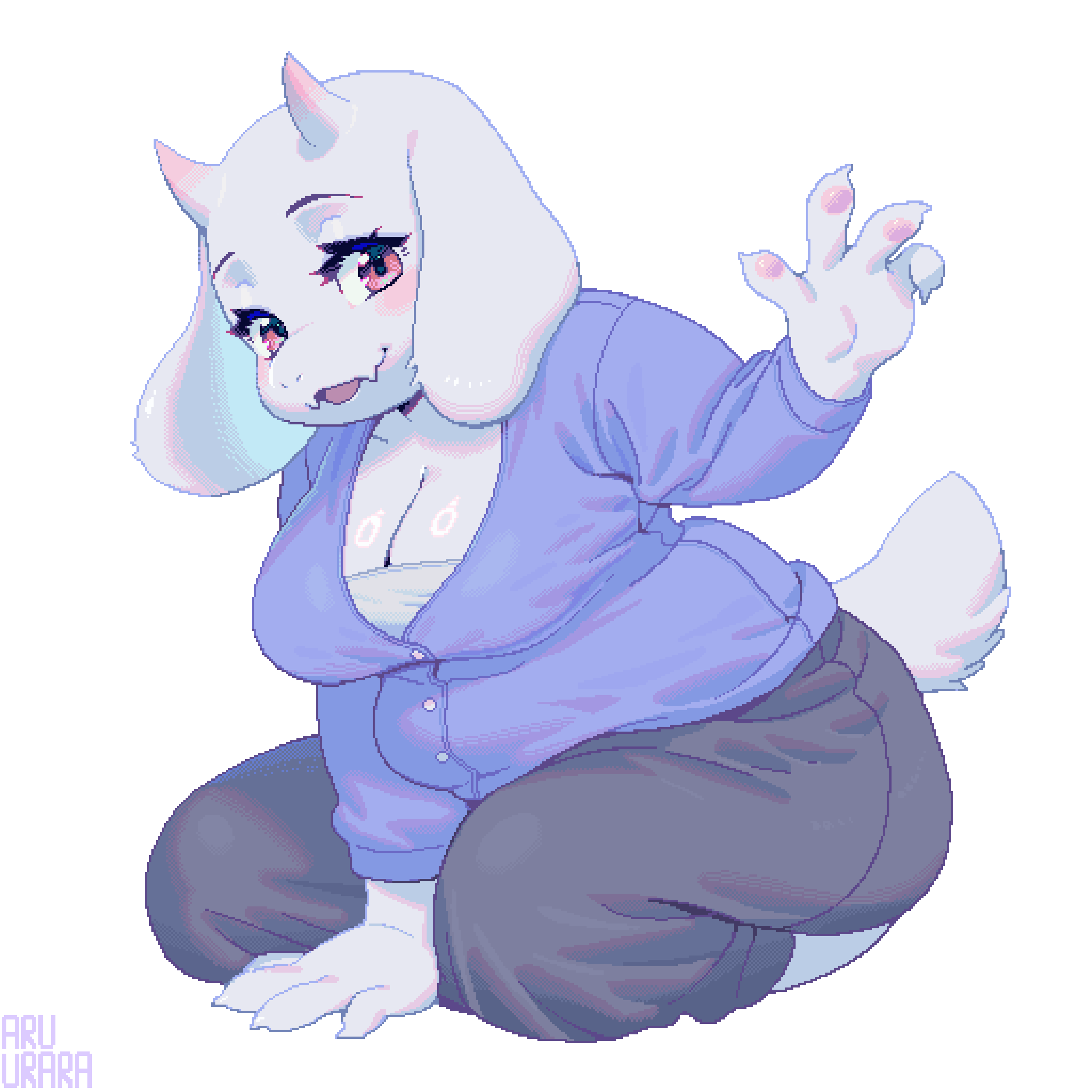inuki (aruurara), toriel, undertale, utdr (toby fox), absurdres, highres, 1girl, animal ears, arm support, artist name, breasts, buttons, cleavage, horns, large breasts, leaning forward, long sleeves, looking at viewer, open hand, parted lips, pawpads, pink eyes, pixel art, simple background, tail, white background, white fur, white tail