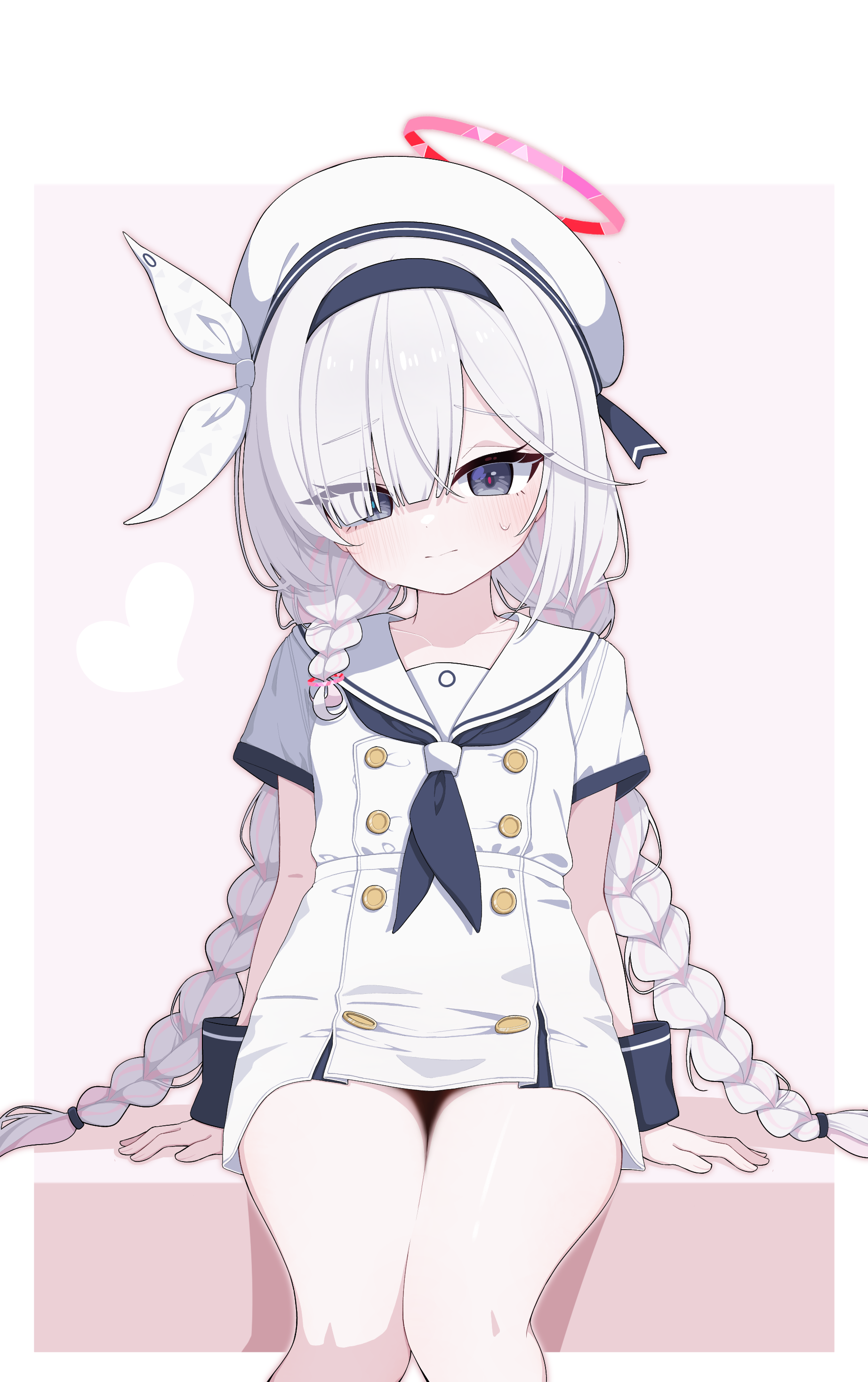 cinamon (cinamori), plana (blue archive), blue archive, absurdres, commentary, highres, 1girl, alternate costume, beret, black eyes, black hairband, black neckerchief, braid, closed mouth, dress, flat chest, hair over one eye, hairband, halo, hat, long hair, multicolored hair, neckerchief, pink hair, pink halo, red pupils, sailor collar, sailor dress, short sleeves, side braid, sitting, solo, streaked hair, twin braids, very long hair, white dress, white hair, white hat, white sailor collar