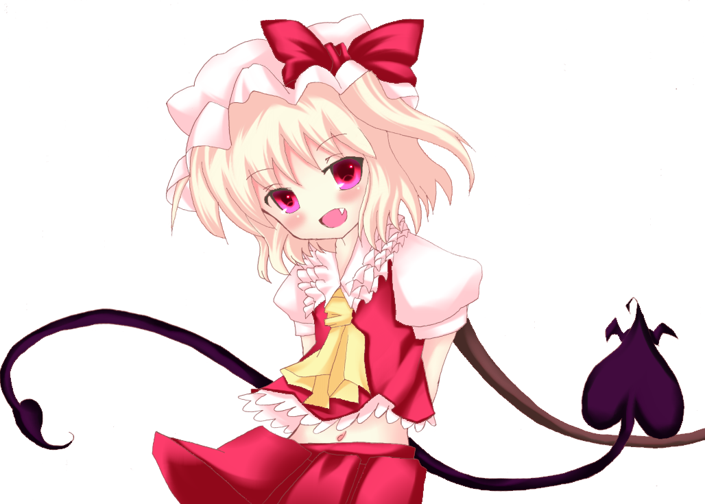 kiyomin, flandre scarlet, touhou, bad id, bad pixiv id, 1girl, blonde hair, blouse, collared shirt, fang, female focus, frilled vest, frills, hat, head tilt, mob cap, navel, ribbon, shirt, simple background, solo, vest, white background, white hat, white shirt