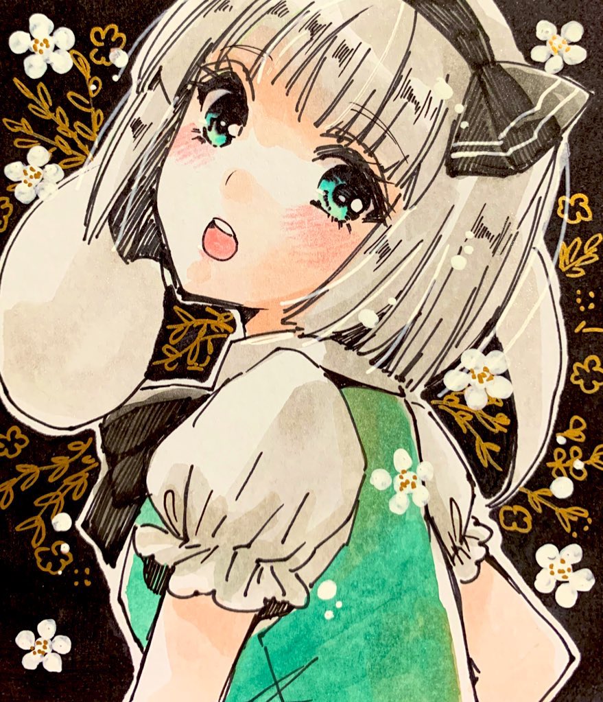 akaioringo2023, konpaku youmu, konpaku youmu (ghost), touhou, 1girl, black hairband, blue eyes, blunt bangs, bob cut, collared shirt, floral print, hairband, medium hair, open mouth, shirt, short sleeves, solo, white hair, white shirt