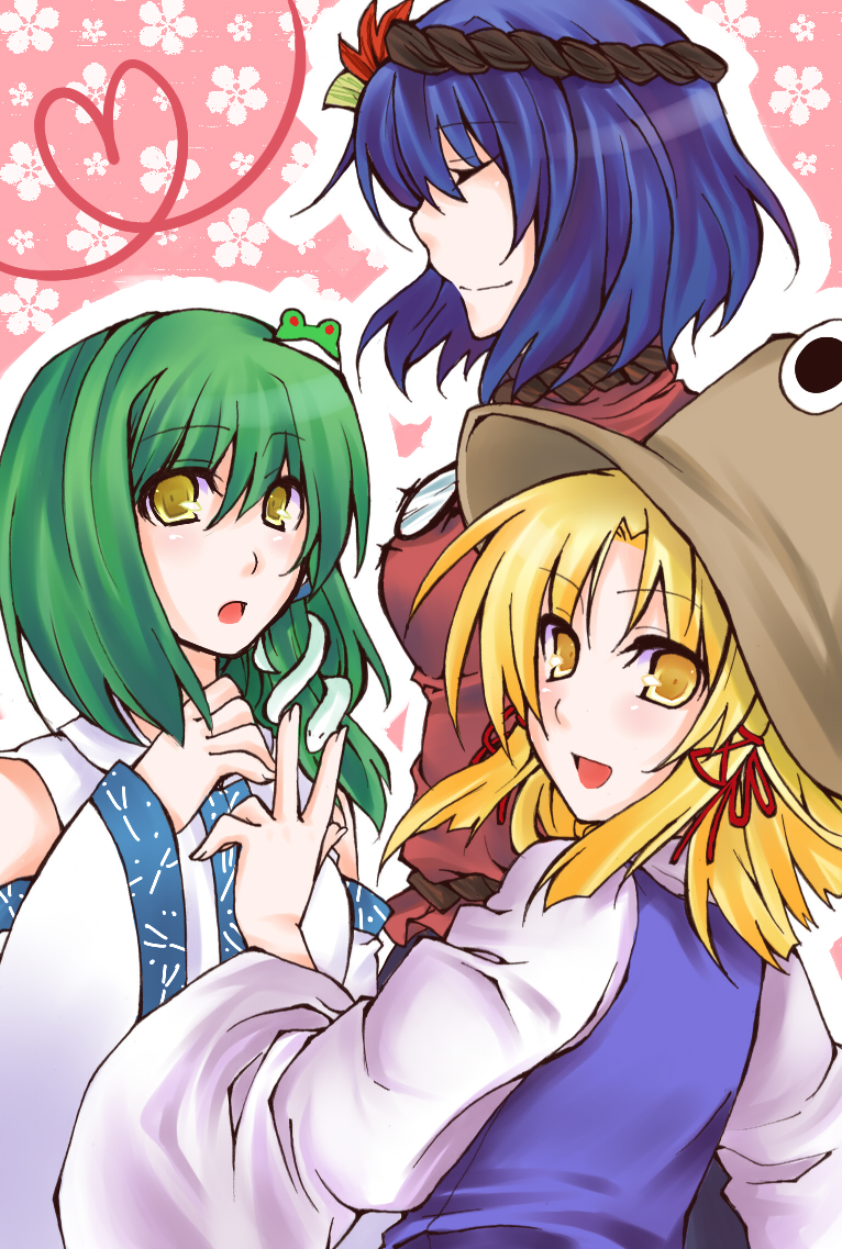 shino (mijinko), kochiya sanae, moriya suwako, yasaka kanako, touhou, bad id, bad pixiv id, 3girls, blonde hair, female focus, frog, green hair, hat, multiple girls, snake, upper body