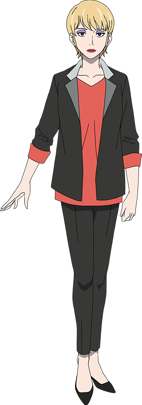 tanino miho, tower of god, official art, 1girl, anime coloring, apple (tower of god), black shoes, blonde hair, breasts, clenched hand, collarbone, eyeliner, full body, grey eyes, grey jacket, grey pants, high heels, jacket, lips, long sleeves, looking at viewer, makeup, medium breasts, open clothes, open hand, open jacket, outstretched arm, pants, purple eyeliner, red shirt, shirt, shoes, short hair, simple background, sleeves rolled up, solo, standing, tachi-e, transparent background, untucked shirt