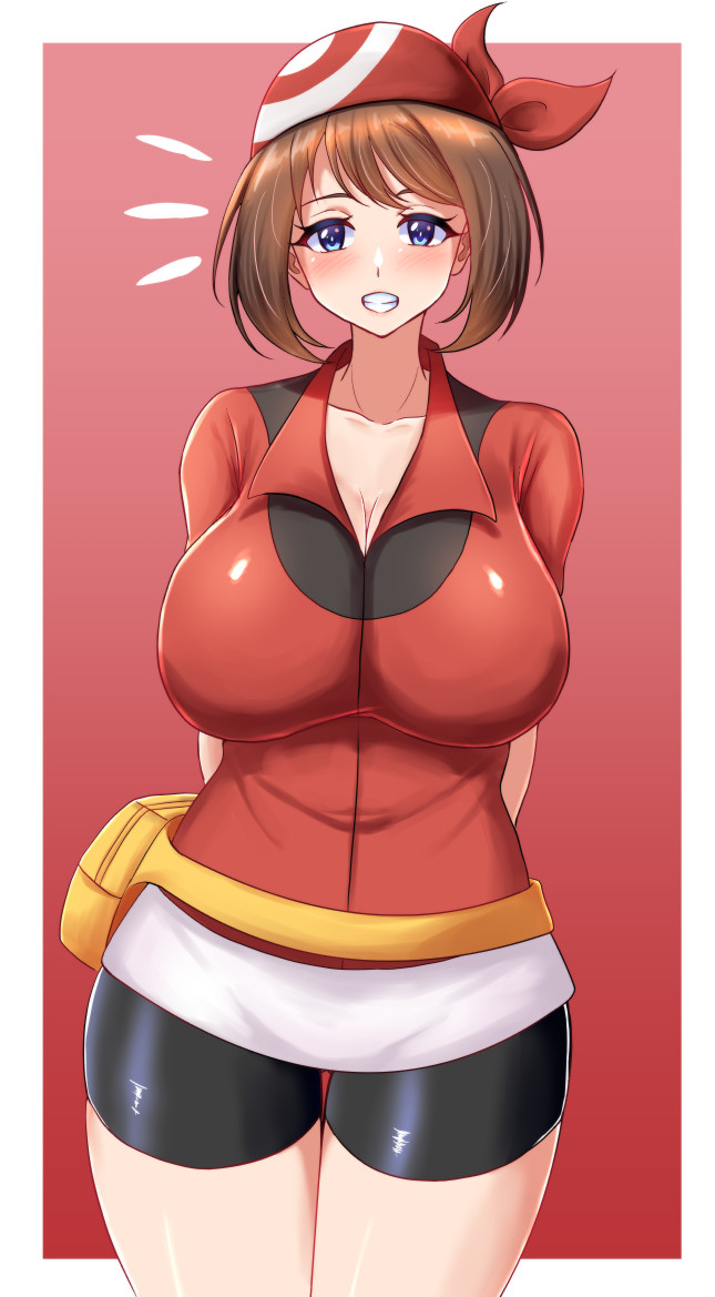 tsuka 004, may (pokemon), nintendo, pokemon, 1girl, bandana, bike shorts, blue eyes, breasts, brown hair, large breasts, looking at viewer, short hair, smile, solo