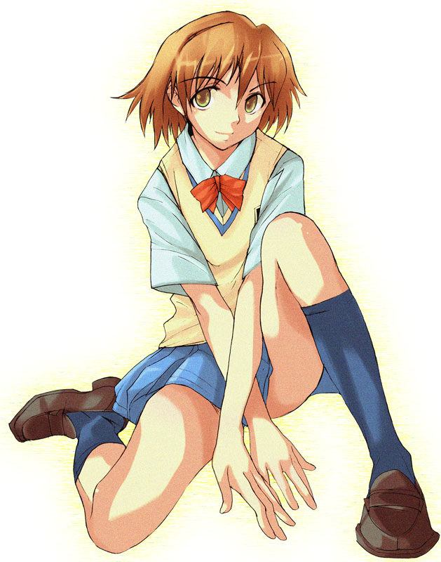 motoharu (flatsakura), kaminagi ryouko, zegapain, 00s, 1girl, between legs, black socks, blue skirt, bow, bowtie, female focus, full body, hand between legs, kneehighs, loafers, looking at viewer, pleated skirt, red bow, red bowtie, school uniform, serafuku, shirt, shoes, simple background, skirt, socks, solo, sweater vest, thighs, white background, white shirt