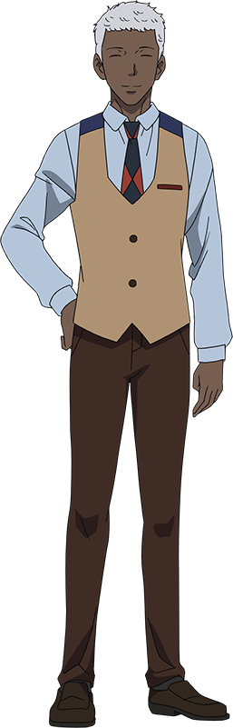 tanino miho, tower of god, official art, 1boy, ^ ^, anime coloring, belt, black necktie, blue shirt, brown pants, brown shoes, brown socks, brown vest, closed eyes, closed mouth, collared shirt, dark-skinned male, dark skin, dress shoes, full body, grey hair, hand on own hip, looking at viewer, michael (tower of god), necktie, pants, shirt, shoes, short hair, simple background, smile, socks, solo, standing, tachi-e, transparent background, two-tone necktie, very dark skin, very short hair, vest