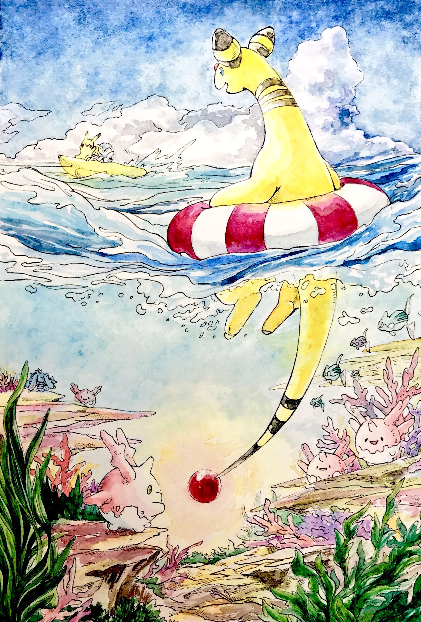 mint nappa, ampharos, corsola, mareanie, pikachu, piplup, remoraid, nintendo, pokemon, commentary request, highres, traditional media, animal focus, coral, day, gen 1 pokemon, gen 2 pokemon, gen 4 pokemon, gen 7 pokemon, looking at another, no humans, ocean, open mouth, outdoors, pokemon (creature), seaweed, sky, striped innertube, summer, surfboard