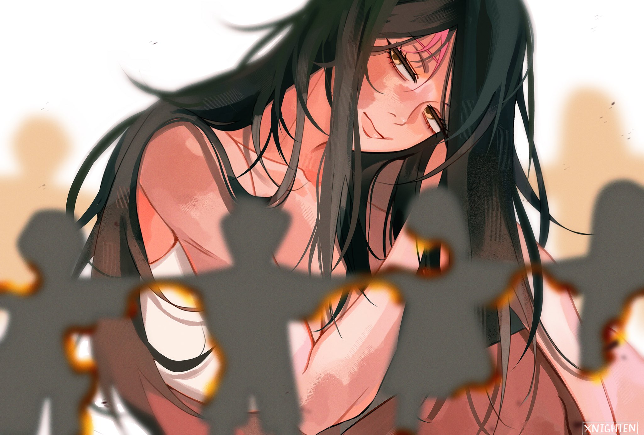 xnighten, mizi (alien stage), alien stage, commentary, english commentary, highres, 1girl, black hair, burn scar, long hair, paper doll, paper doll chain, scar, scar on face, scar on shoulder, sitting, yellow eyes