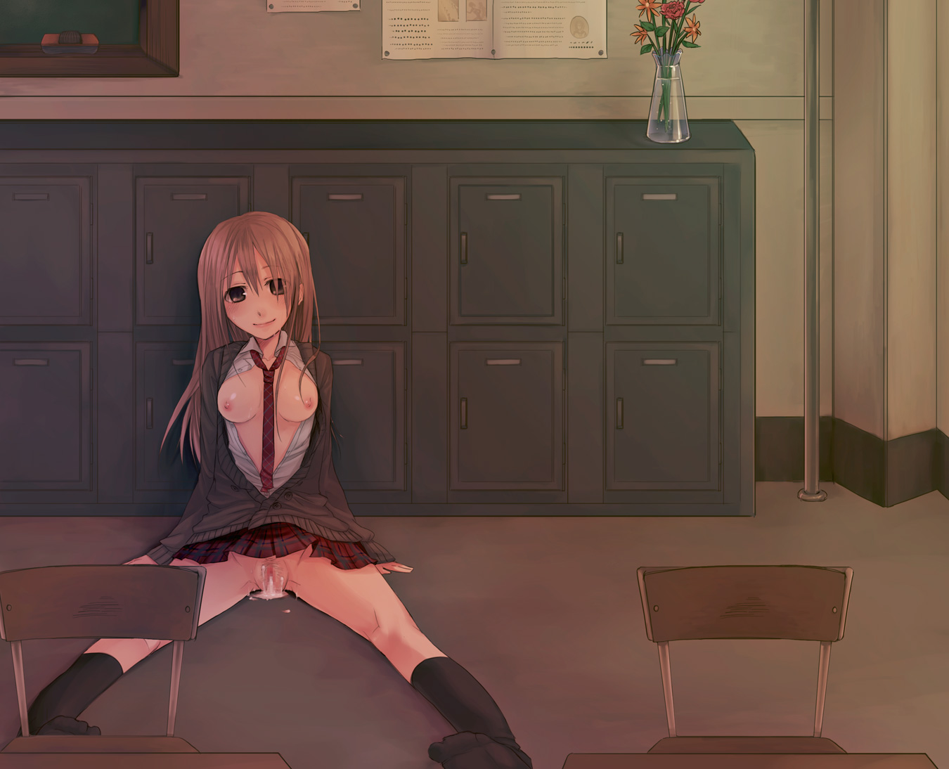 kaida michi, bad id, bad pixiv id, 1girl, aftersex, bottomless, breasts, brown hair, censored, chair, classroom, cum, cum in pussy, cum pool, female focus, female pubic hair, indoors, large breasts, long hair, looking at viewer, necktie, nipples, no bra, no panties, open clothes, open shirt, pubic hair, room, roomscape, school, school uniform, serafuku, shirt, sitting, smile, solo, spread legs, sweat