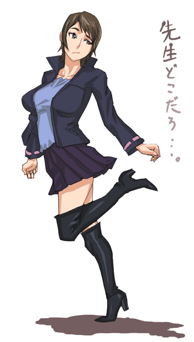 usatarou, tsuzuki shiori, witchblade, commentary, photoshop (medium), translated, 00s, 1girl, boots, brown hair, female focus, full body, high heel boots, high heels, jacket, knee boots, looking back, miniskirt, pleated skirt, shoes, short hair, simple background, skirt, solo, standing, thighhighs, white background