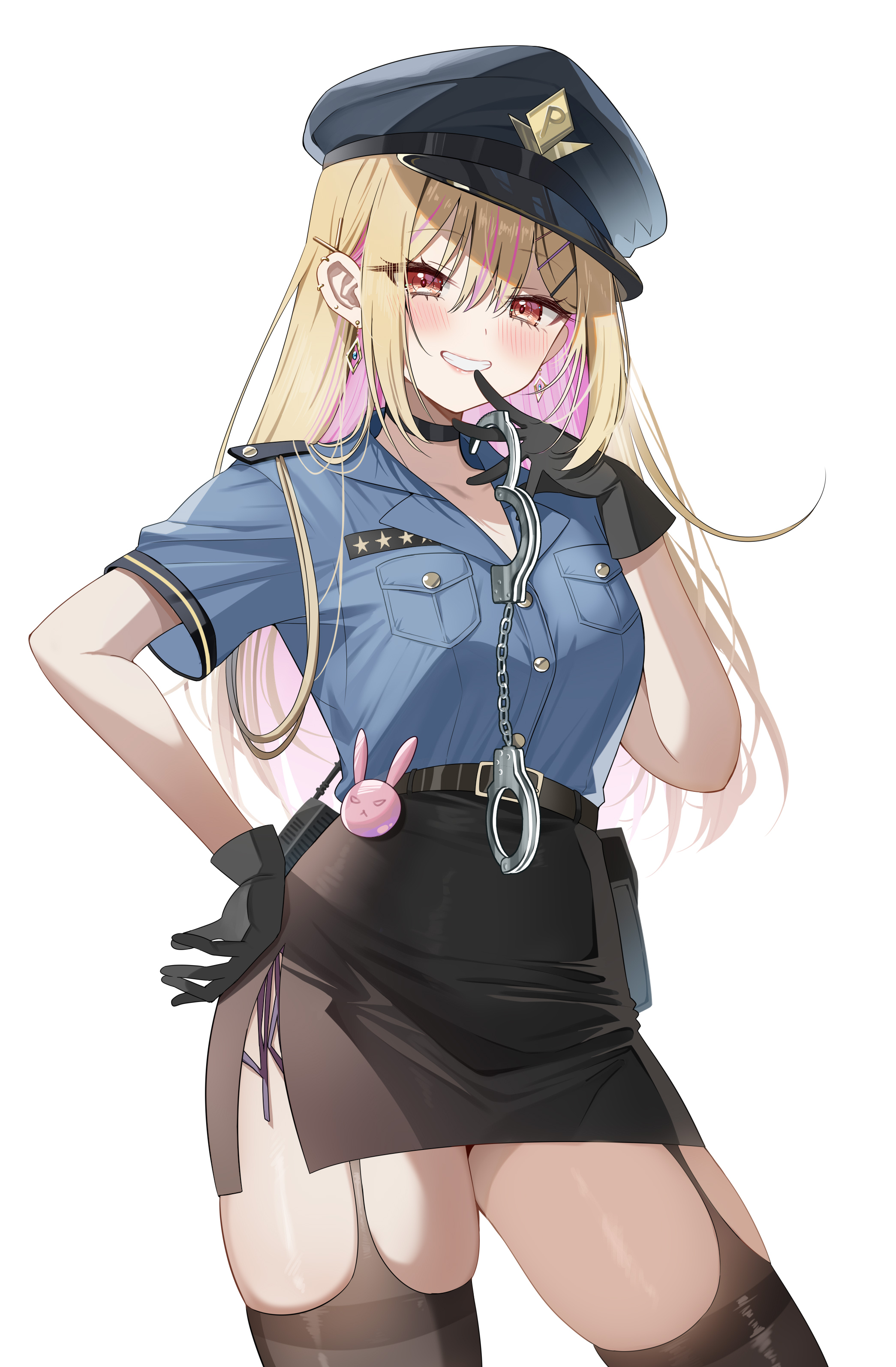 piyopoyo, hisabisa ni atta osananajimi ga iroiro to seichou shiteirunoni nounai dake seichou shiteinakute douyou shiteiru, original, absurdres, highres, 1girl, black choker, black gloves, black hat, black skirt, black thighhighs, blonde hair, blue shirt, blush, breast pocket, breasts, choker, collared shirt, cowboy shot, cuffs, earrings, gal (childhood friend series), gloves, grin, gyaru, hair ornament, hairclip, halloween, hand up, handcuffs, hat, holding, holding handcuffs, jewelry, kogal, large breasts, long hair, looking at viewer, multicolored hair, parted lips, peaked cap, pink hair, pocket, police, police hat, police uniform, policewoman, red eyes, shirt, shirt tucked in, short sleeves, simple background, skirt, smile, solo, streaked hair, teeth, thighhighs, thighs, two-tone hair, white background