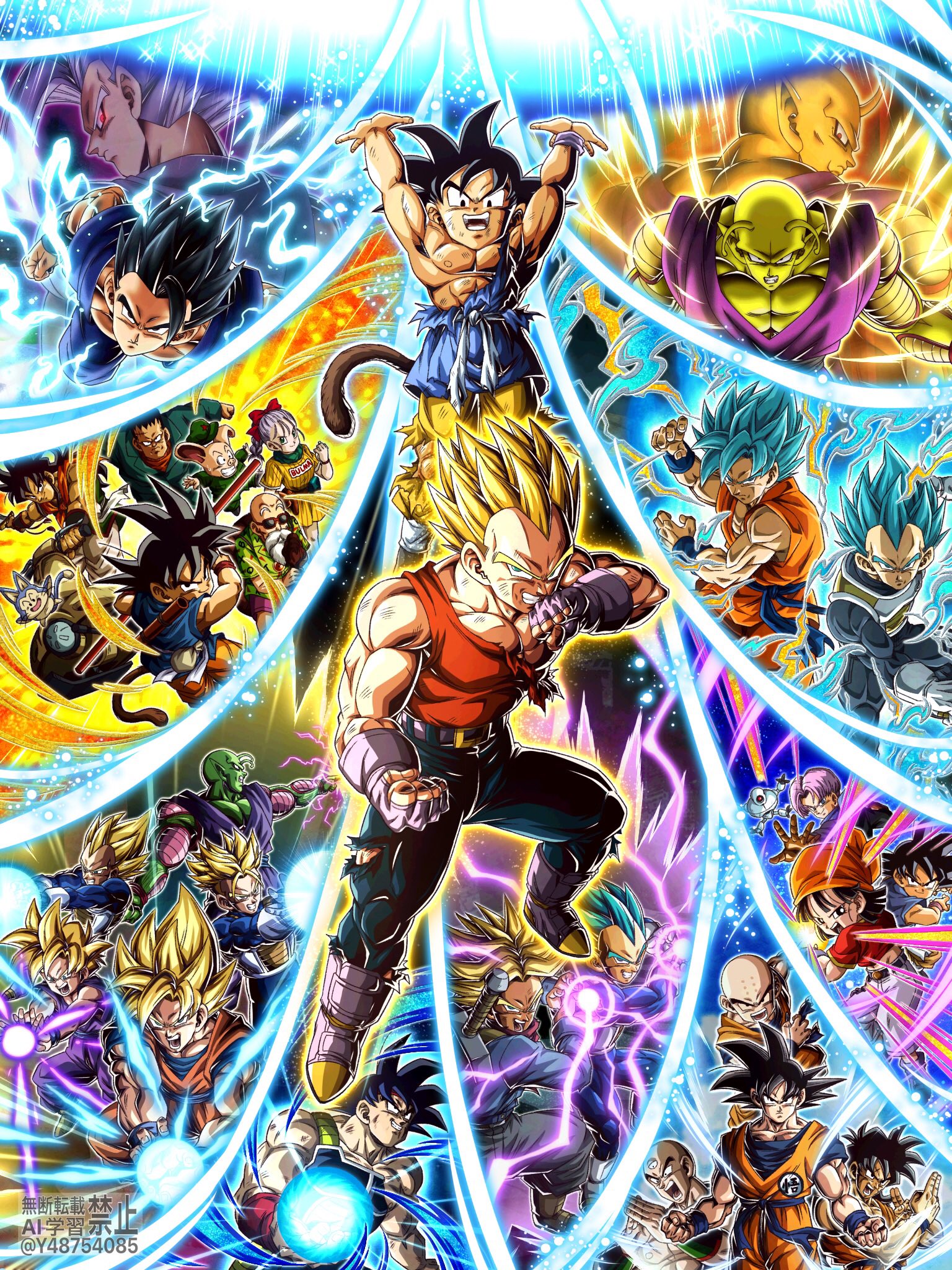 wai (y48754085), piccolo, son gohan, son goku, trunks (dragon ball), trunks (future) (dragon ball), vegeta, dragon ball, dragon ball gt, dragon ball super, dragon ball z dokkan battle, highres, 6+boys, aura, black hair, blue eyes, clenched hands, colored skin, dougi, genki dama, gloves, jewelry, looking at viewer, male focus, monkey boy, monkey tail, multiple boys, muscular, muscular male, open mouth, pants, pectorals, smile, spiked hair, super saiyan, super saiyan 1, super saiyan 2, super saiyan blue, tail, teeth, white gloves