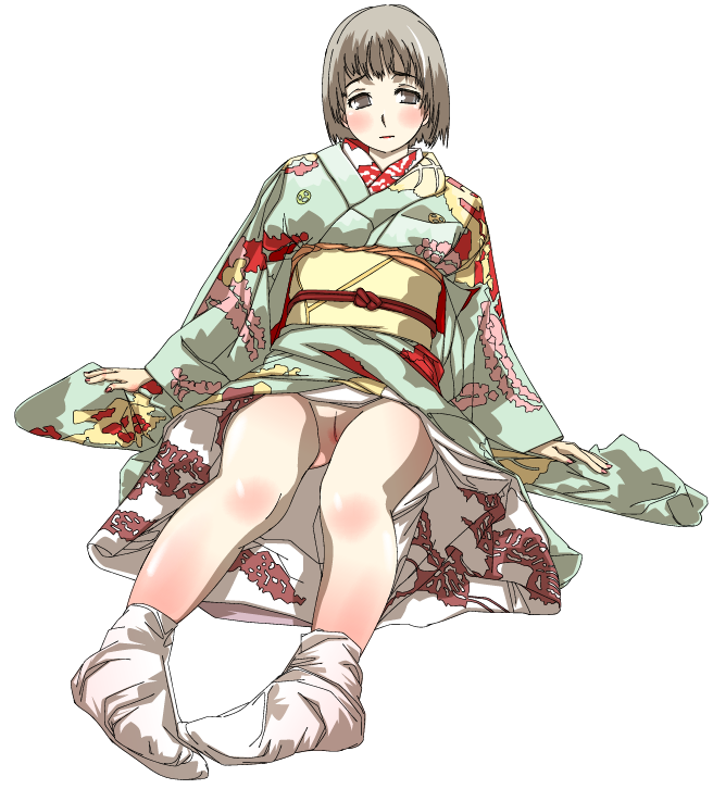 kazuha nanako, nanako (artist), bad id, bad pixiv id, 1girl, blush, brown eyes, brown hair, feet, female focus, japanese clothes, kimono, leaning, leaning back, no panties, pussy, short hair, sitting, socks, solo, tabi, upskirt