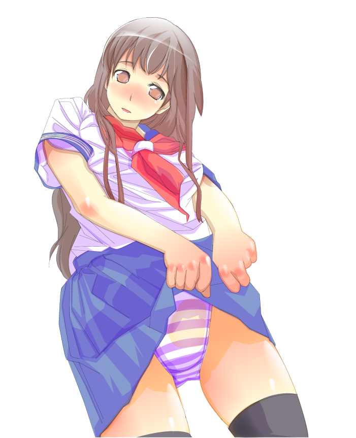 kazuha nanako, nanako (artist), bad id, bad pixiv id, 1girl, blush, brown eyes, brown hair, clothes lift, female focus, long hair, panties, school uniform, serafuku, skirt, skirt lift, solo, striped clothes, striped panties, thighhighs, underwear
