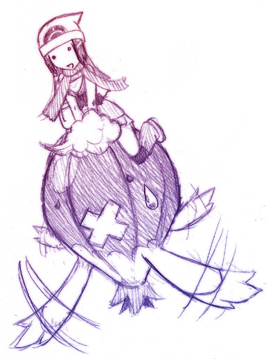 dawn (pokemon), drifblim, nintendo, pokemon, . ., 1girl, beanie, flying, fuwaride, gen 4 pokemon, hat, long hair, monochrome, oekaki, pokemon (creature), riding, riding pokemon, scarf, simple background, skirt, sweatdrop, thighhighs, white background