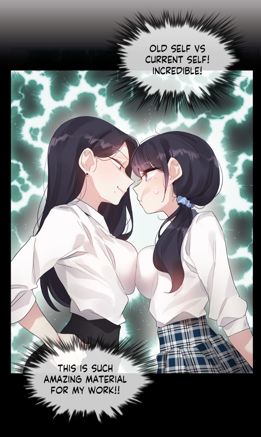 alicecrazy, a pervert's daily life, character request, cropped, highres, official art, translated, 2girls, black eyes, black hair, black skirt, blush, breasts, breasts squeezed together, collared shirt, earrings, english text, female focus, hands on own hips, jewelry, large breasts, long hair, long sleeves, miniskirt, mole, mole under eye, mole under mouth, multicolored skirt, multiple girls, office lady, pencil skirt, pleated skirt, ponytail, selfcest, shirt, skirt, sweat, sweatdrop, white shirt