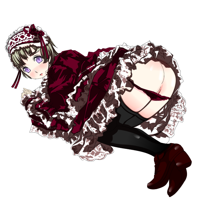 kazuha nanako, nanako (artist), bad id, bad pixiv id, 1girl, ass, bent over, blush, female focus, goth fashion, high heels, panties, panty pull, purple eyes, pussy, red panties, red shoes, shoes, short hair, solo, thighhighs, underwear
