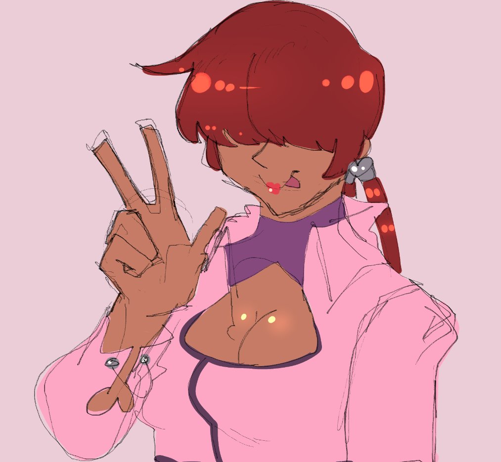 1shermieaday, shermie (kof), the king of fighters, 1girl, breasts, cleavage, cleavage cutout, clothing cutout, curvy, dark-skinned female, dark skin, earrings, female focus, hand up, heart, huge breasts, jacket, jewelry, large breasts, long hair, ponytail, red hair, tan, tongue, twintails