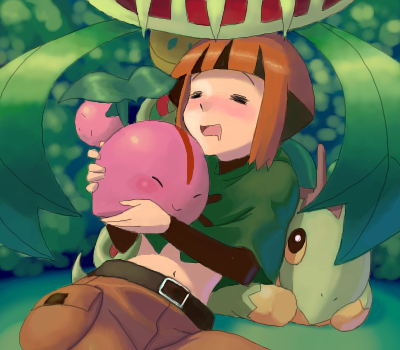 carnivine, cherubi, gardenia (pokemon), turtwig, nintendo, pokemon, pokemon dppt, lowres, 00s, 1girl, belt, blush, brown hair, capelet, closed eyes, gen 4 pokemon, green capelet, gym leader, navel, pokemon (creature), saliva, sleeping