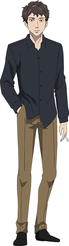 tanino miho, ha jinsung, tower of god, official art, 1boy, anime coloring, black shirt, black shoes, brown hair, brown pants, cigarette, closed mouth, collared shirt, full body, grey shirt, hand in pocket, holding, holding cigarette, long sleeves, looking at viewer, male focus, pants, shirt, shoes, short hair, simple background, smoking, solo, standing, tachi-e, transparent background, untucked shirt