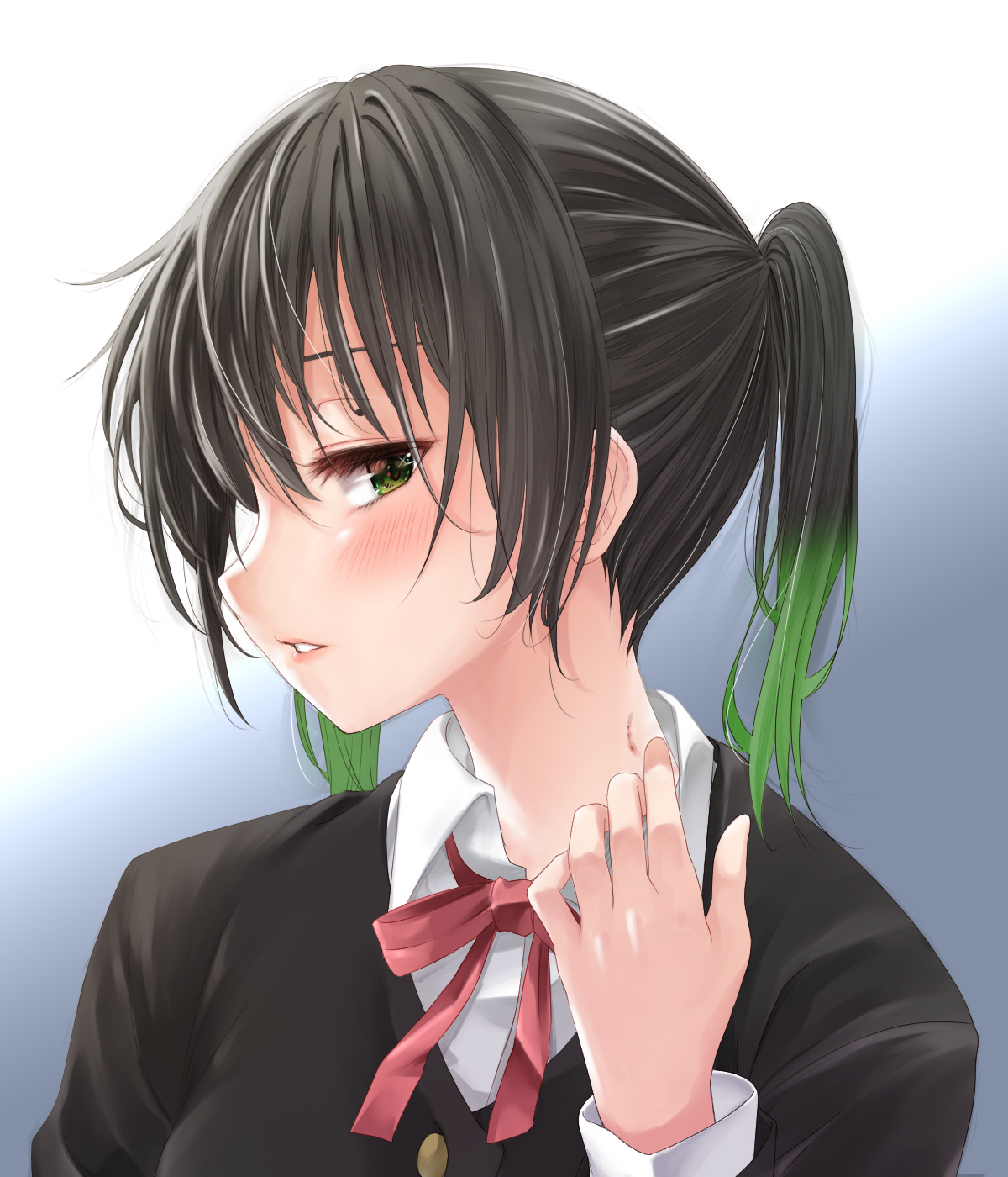 airmilk310, takasaki yu, love live!, love live! nijigasaki high school idol club, commentary request, highres, 1girl, bite mark, bite mark on neck, black hair, blush, green eyes, grey background, hand up, long bangs, long sleeves, looking at viewer, multicolored hair, neck ribbon, parted lips, red ribbon, ribbon, shirt, short hair, short twintails, sideways glance, sideways mouth, solo, turning head, twintails, upper body, white shirt, wispy bangs