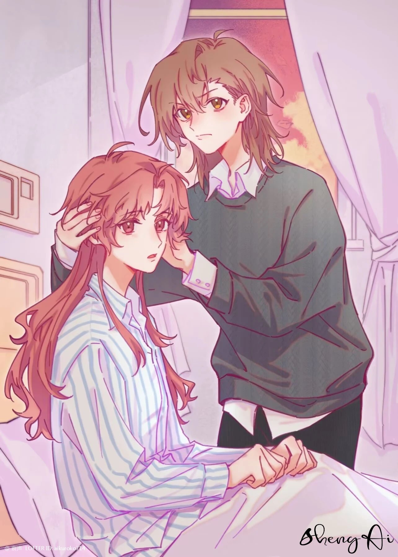 aisheng kuroko, misaka mikoto, shirai kuroko, toaru kagaku no railgun, toaru majutsu no index, commentary, highres, symbol-only commentary, 2girls, artist name, bedroom, brown eyes, brown hair, closed mouth, collared shirt, curtained hair, curtains, grey sweater, indoors, long hair, long sleeves, looking at viewer, looking to the side, medium hair, multiple girls, on bed, pajamas, parted lips, red eyes, red hair, serious, shirt, sitting, standing, striped clothes, striped pajamas, sweater, under covers, v-shaped eyebrows, vertical-striped clothes, vertical-striped pajamas, white pajamas, white shirt, wing collar