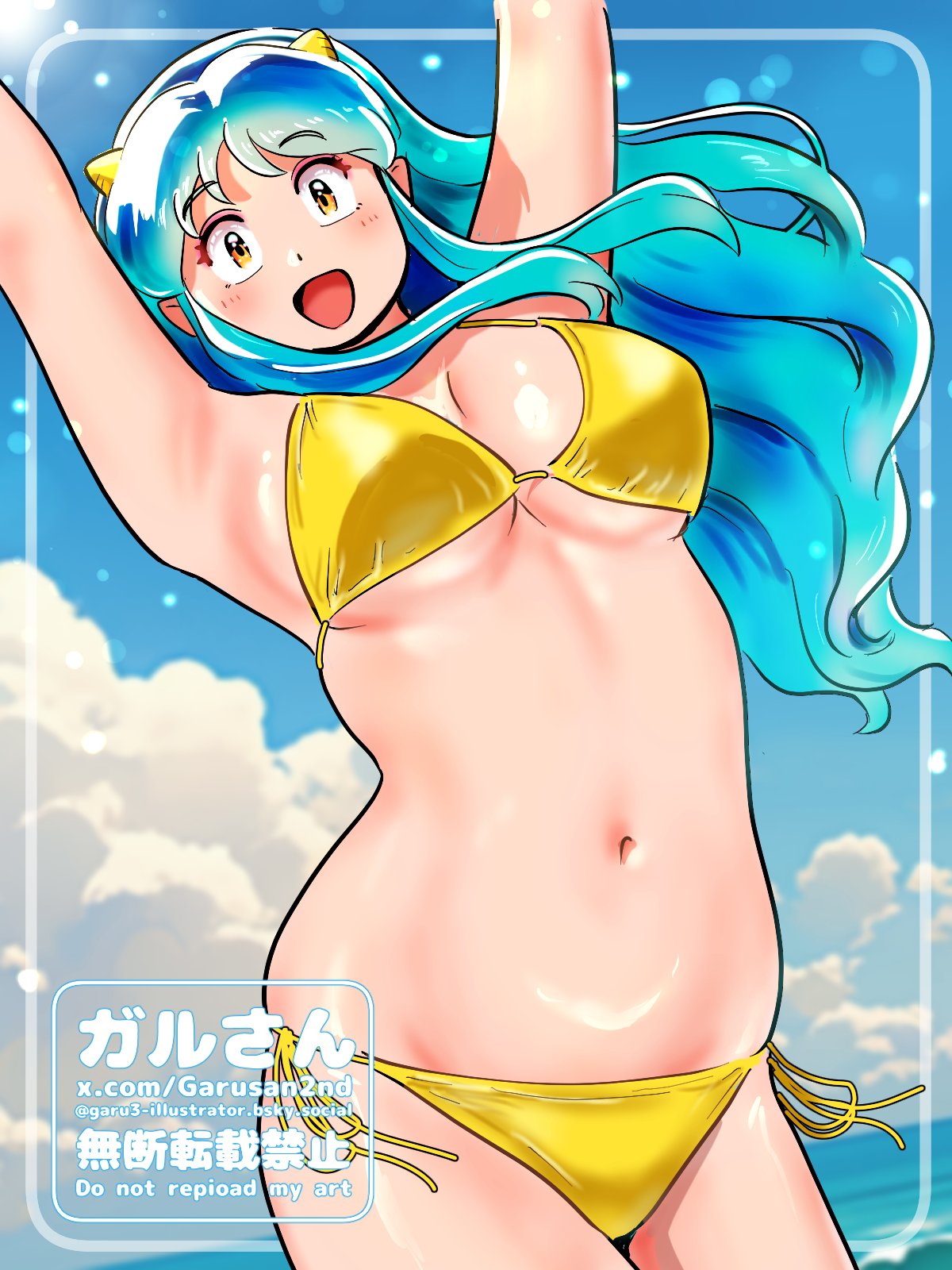 kenken28937178, lum, urusei yatsura, highres, 1girl, bikini, breasts, cloud, covered erect nipples, day, green hair, horns, large breasts, long hair, looking at viewer, lowleg, lowleg bikini, oni, open mouth, smile, solo, swimsuit, watermark, yellow bikini, yellow eyes