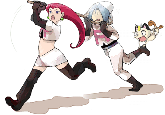james (pokemon), jessie (pokemon), meowth, nintendo, pokemon, pokemon (anime), 1boy, 1girl, blue eyes, blue hair, butterfly net, clothes writing, gen 1 pokemon, hair slicked back, hand net, long hair, net, pokemon (creature), red hair, running, shadow, simple background, team rocket, thighhighs, white background