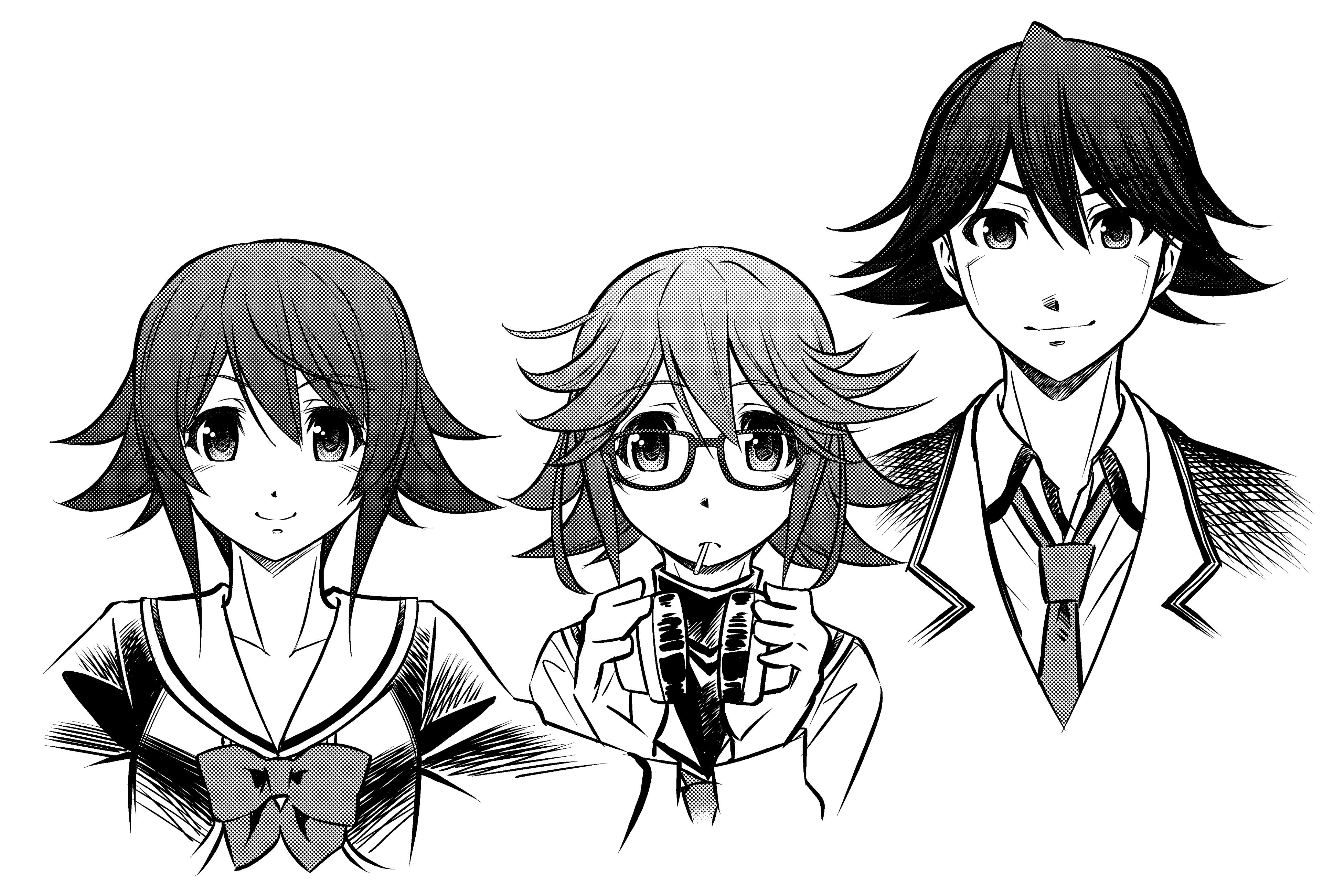 eibon, kazuki hana, onoe serika, chaos;child, science adventure, absurdres, highres, 1boy, 2girls, blazer, chest bow, collarbone, greyscale, hair between eyes, hekiho academy school uniform, high collar, itou shinji (chaos;child), jacket, lollipop in mouth, looking at viewer, monochrome, multiple girls, necktie, open collar, school uniform, short hair, short hair with long locks, smile, upper body, white background
