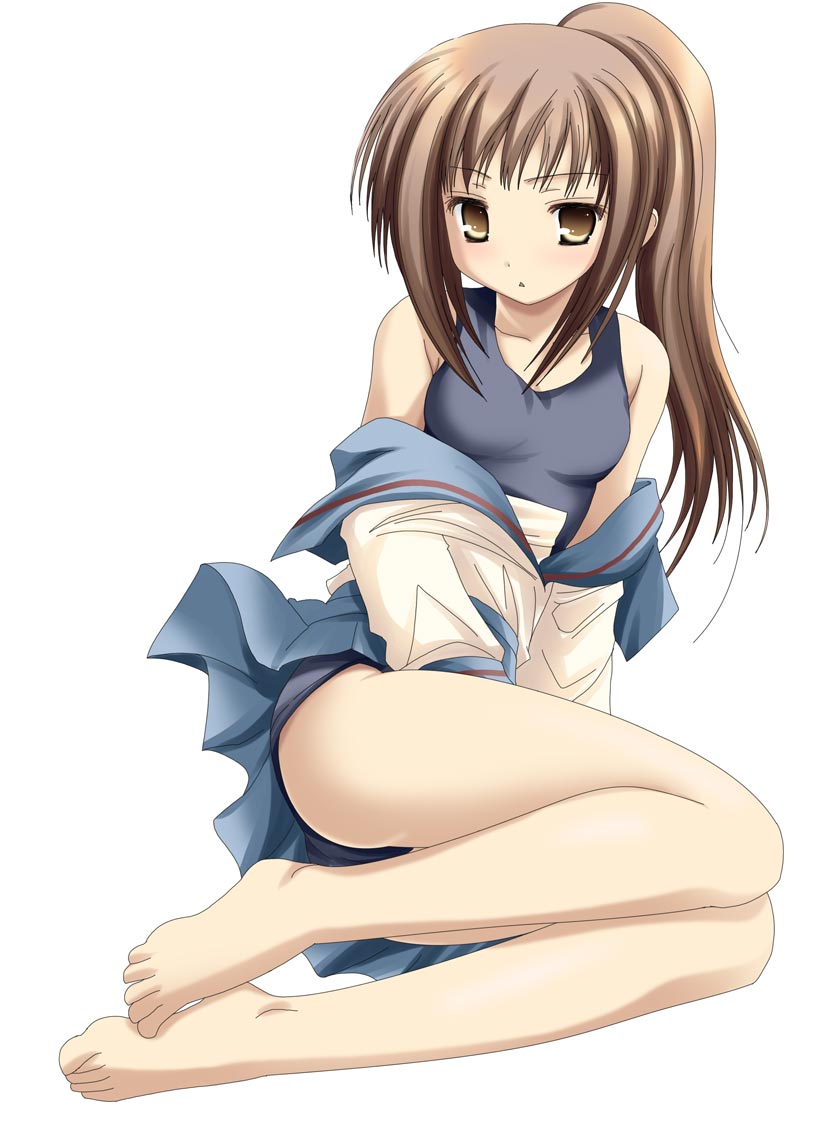 namamo nanase, kyonko, suzumiya haruhi no yuuutsu, gender request, 00s, 1girl, barefoot, brown eyes, brown hair, clothes pull, feet, female focus, genderswap, one-piece swimsuit, ponytail, school swimsuit, school uniform, serafuku, shirt pull, solo, swimsuit, swimsuit under clothes
